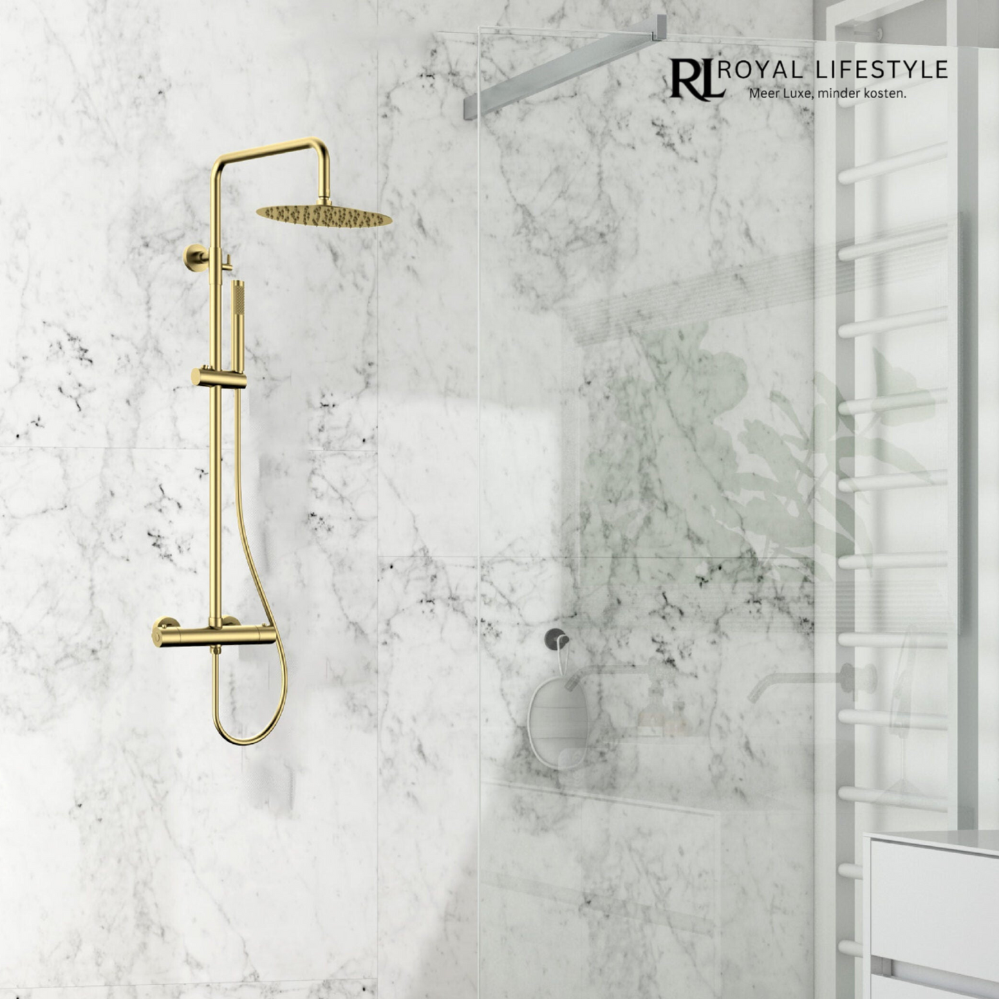 LYSKA Atria Doucheset – Opbouw Compleet – Geborsteld Messing – Met Regendouche, Handdouche & Thermostaatkraan