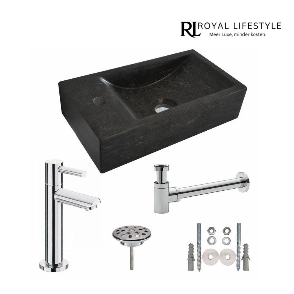 LYSKA One Pack Hardstenen Fontein 40x22x10 cm – Links – Compleet met Toiletkraan, Plug, Luxe Sifon en Bevestigingsset – Chroom