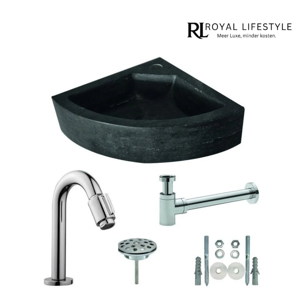 LYSKA One Pack Hardstenen Hoekfontein 30x30x10 cm – Compleet met Victoria Toiletkraan, Plug, Luxe Sifon & Bevestigingsset – Chroom