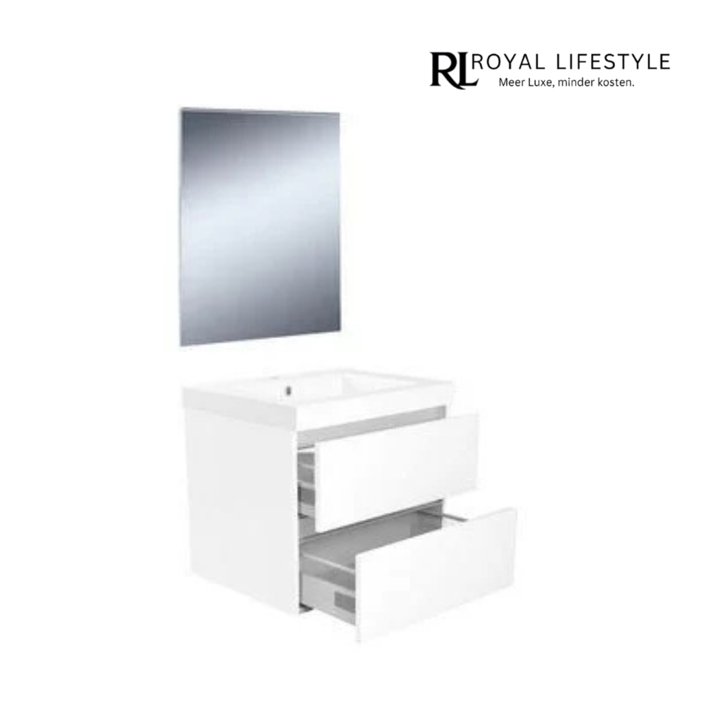 LYSKA Vision Meubelset 60 cm – Wit Hoogglans – Inclusief Spiegel – Badkamermeubel met Onderkast & 2 Lades