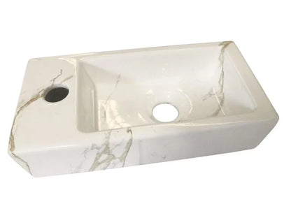 LYSKA Mini-Rhea Links Fontein 36x18x9 cm – Glanzend Carrara Keramiek – Compacte Wastafel voor Klein Toilet