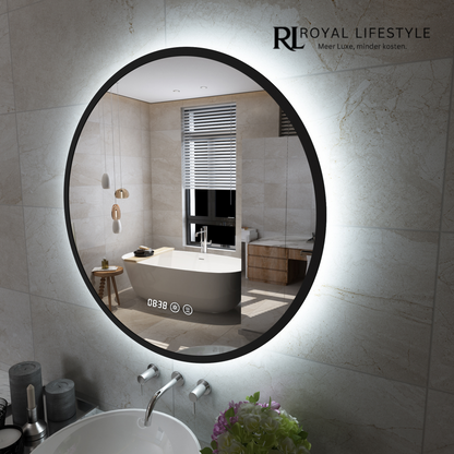 LYSKA Luna LED Badkamerspiegel Ø 80 cm – Rond – Mat Zwart – Met Anti-condens en Digitale Klok