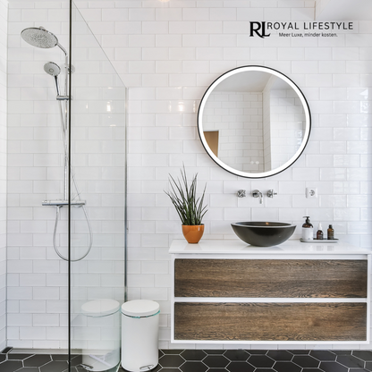 LYSKA Luna LED Badkamerspiegel Rond 60 cm – Mat Zwart – Dimbaar en Condensvrij