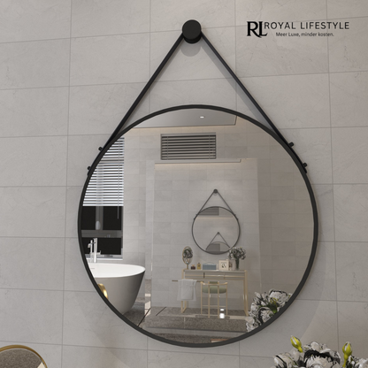 LYSKA Luna Wandspiegel Rond 100 cm – Met Zwarte Leren Ophangband