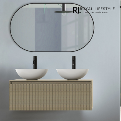 LYSKA Yuma | Japandi Badkamermeubel – Cornsilk – Zwevend Design met Houten Latjes – Inclusief Topblad