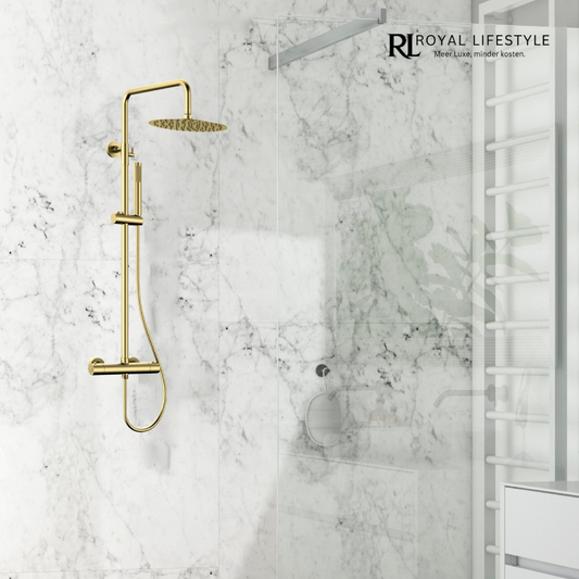 LYSKA Atria Doucheset – Opbouw Compleet – Geborsteld Messing – Met Regendouche, Handdouche & Thermostaatkraan