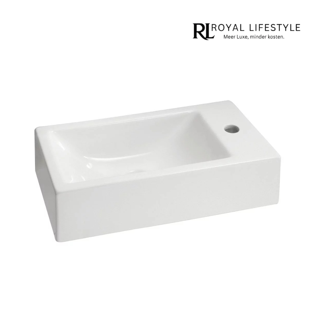 LYSKA Metis Rechthoekig Fontein 50x25x13 cm Wit L/R – Nano Easy-Cleaning Glazuur – Zonder Overloop – Keramisch Wandfonteintje