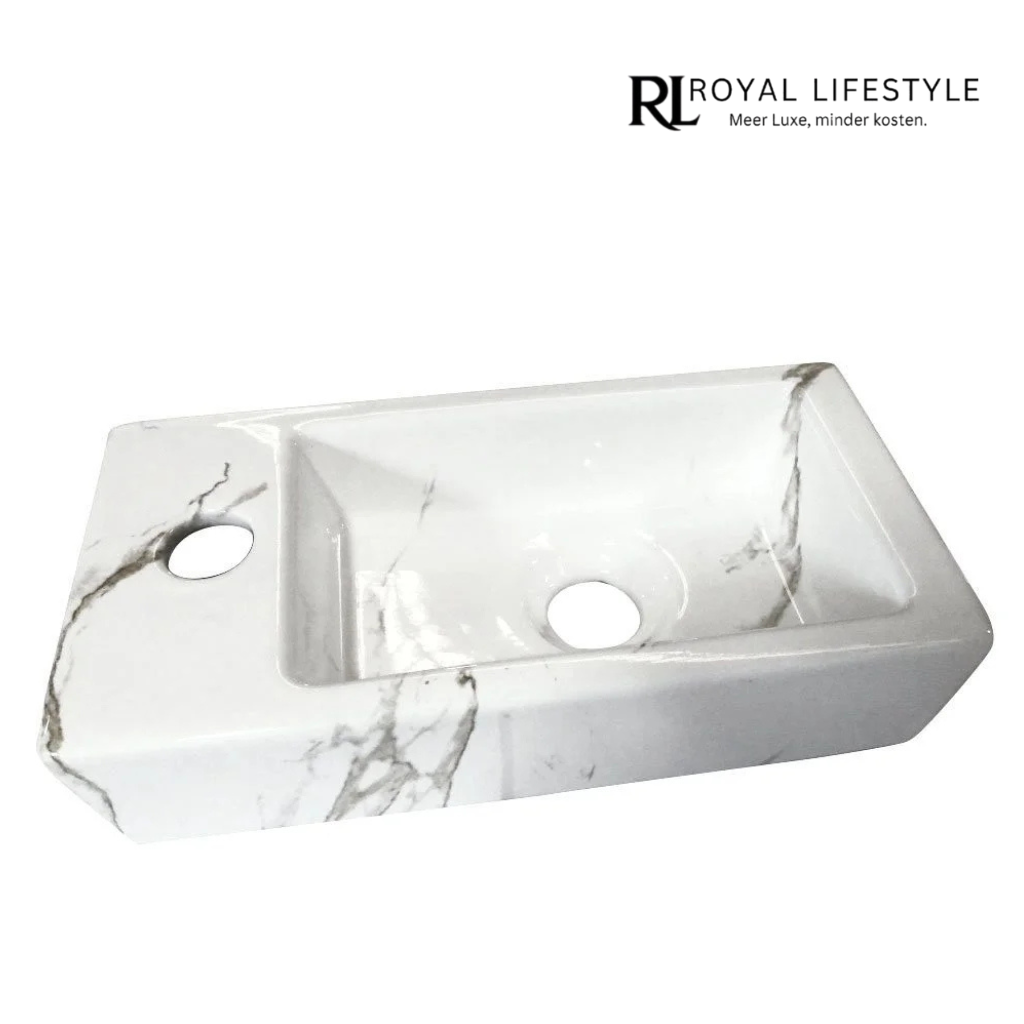 LYSKA Mini-Rhea Links Fontein 36x18x9 cm – Glanzend Carrara Keramiek – Compacte Wastafel voor Klein Toilet