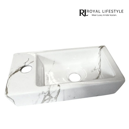 LYSKA Mini-Rhea Links Fontein 36x18x9 cm – Glanzend Carrara Keramiek – Compacte Wastafel voor Klein Toilet