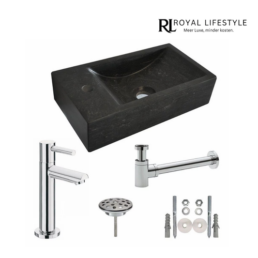LYSKA One Pack Hardstenen Fontein 40x22x10 cm – Links – Compleet met Toiletkraan, Plug, Luxe Sifon en Bevestigingsset – Chroom