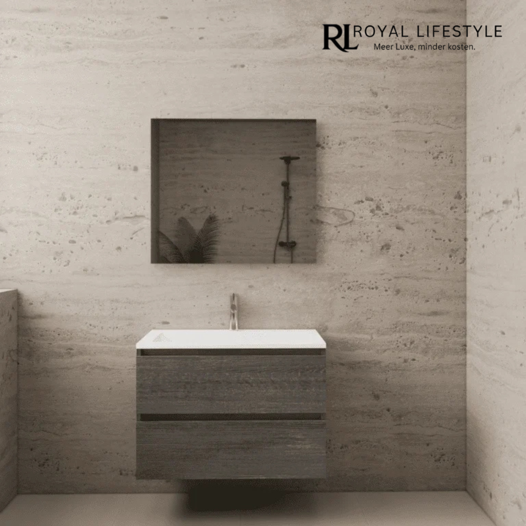 LYSKA Wasmeubel 80cm Frey Oak – Mat Witte Wastafel met Kraangat