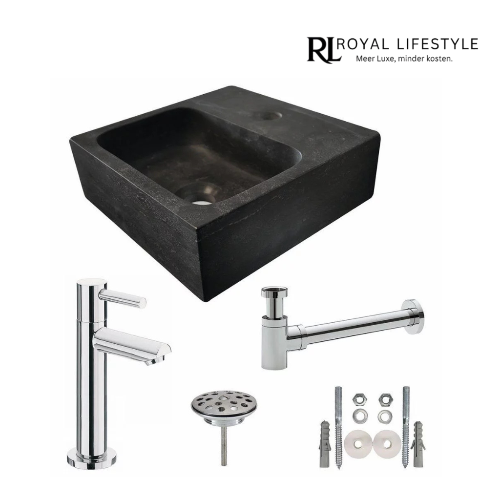 LYSKA One Pack Hardstenen Fontein Vierkant 30x30x10 cm – Compleet met Toiletkraan, Plug, Luxe Sifon en Bevestigingsset – Chroom