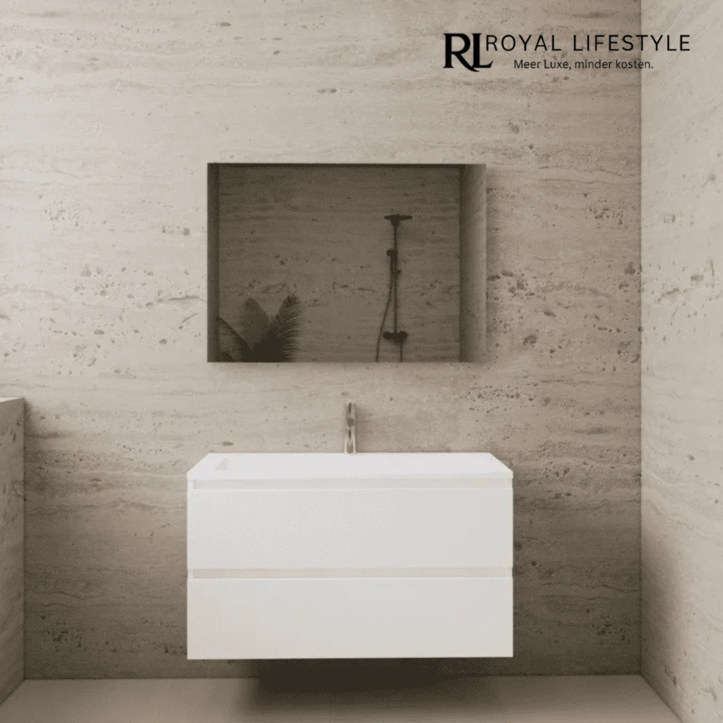 LYSKA Wasmeubel 80 cm – Wit Hoogglans Onderkast + Mat Witte Wastafel met Kraangat